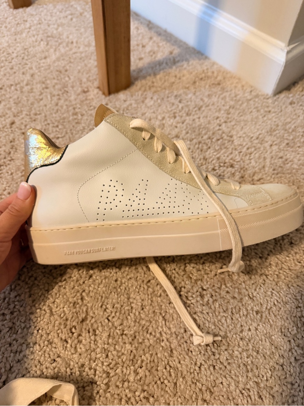 P448 White Leather Low-Top Sneaker with Gold Heel Accent
